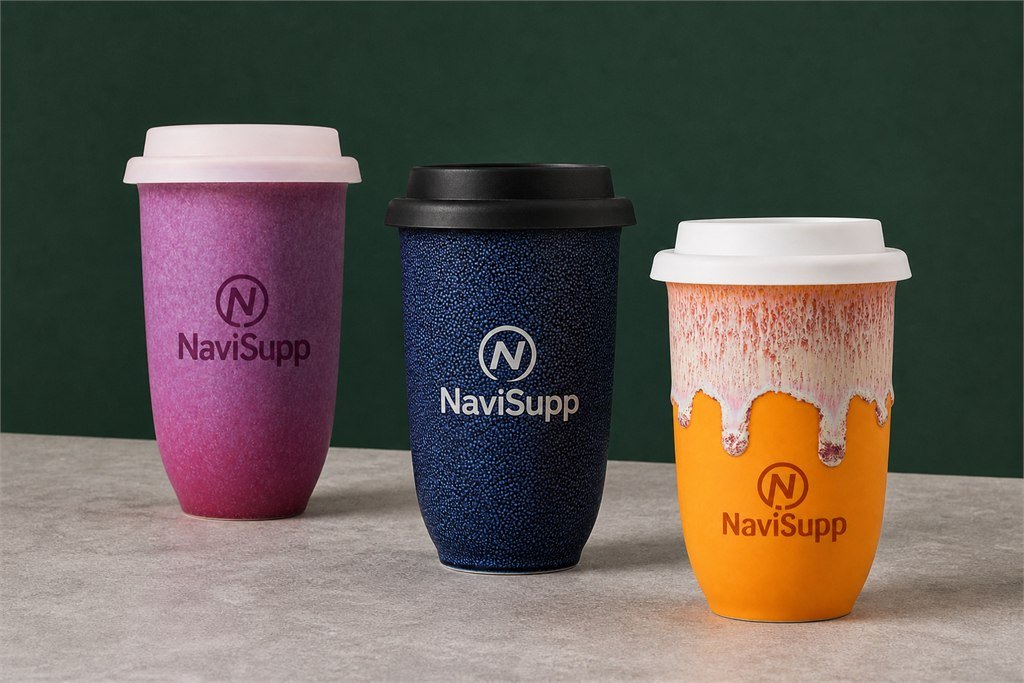 Berry Purple, Midnight Blue and Citrus Orange NaviSupp cups arranged on a stone surface