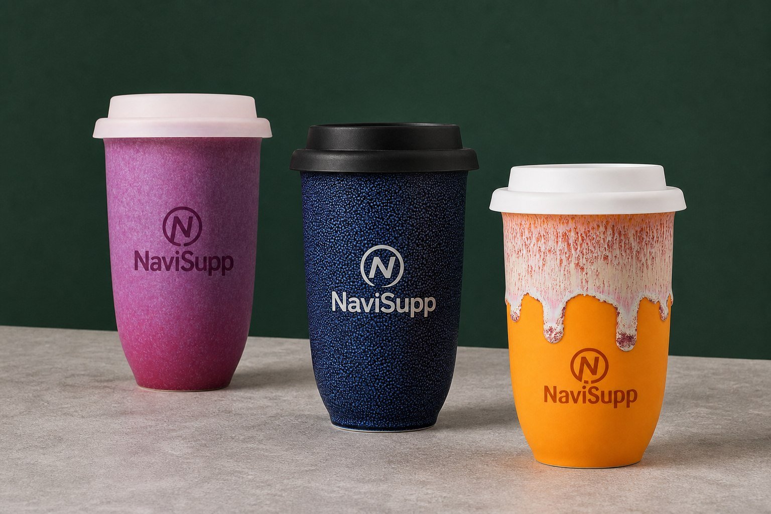 Berry Purple, Midnight Blue and Citrus Orange NaviSupp cups arranged against a deep evergreen backdrop