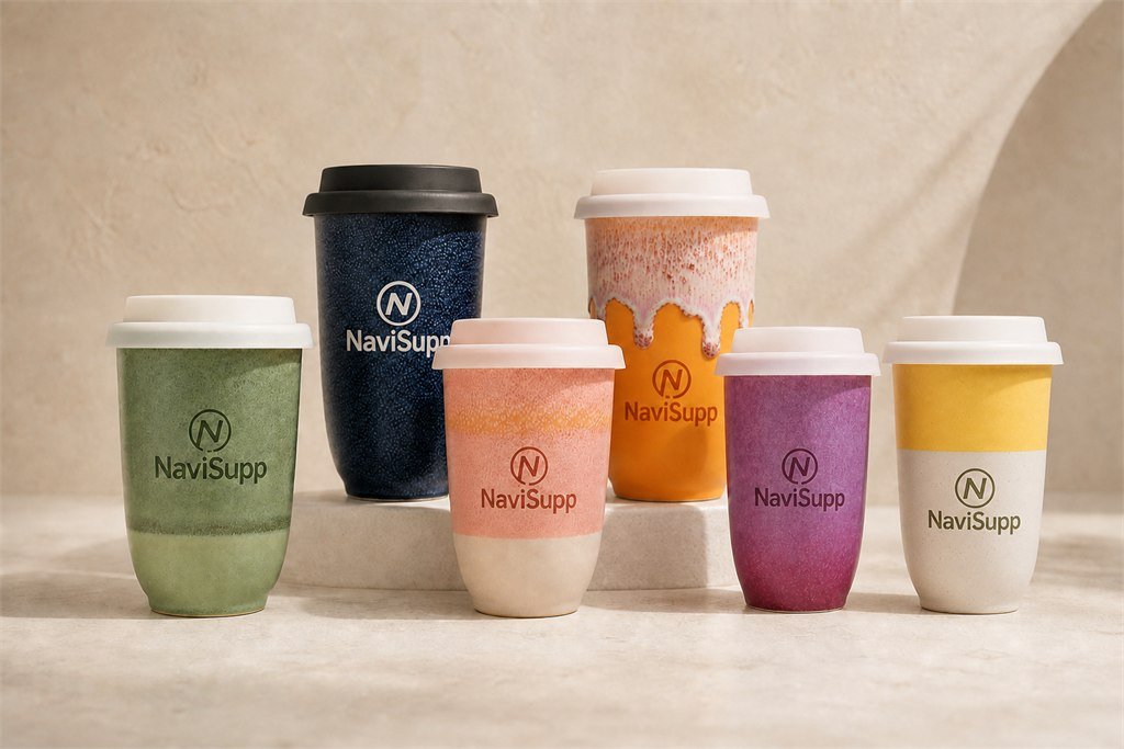 The complete six-color NaviSupp ceramic travel cup collection
