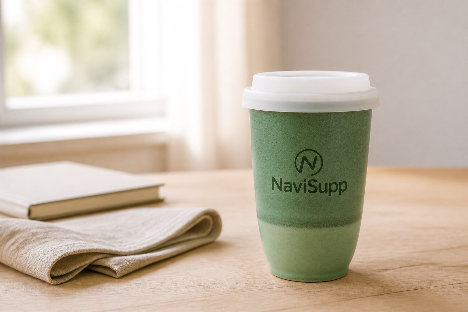 Sage Green NaviSupp ceramic travel cup on a light oak table in soft morning light