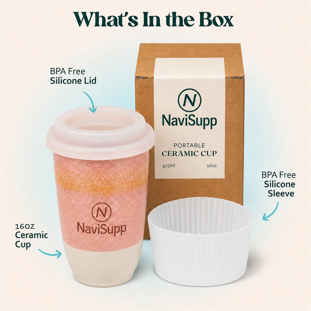NaviSupp Blush Pink ceramic travel cup with lid, sleeve and packaging