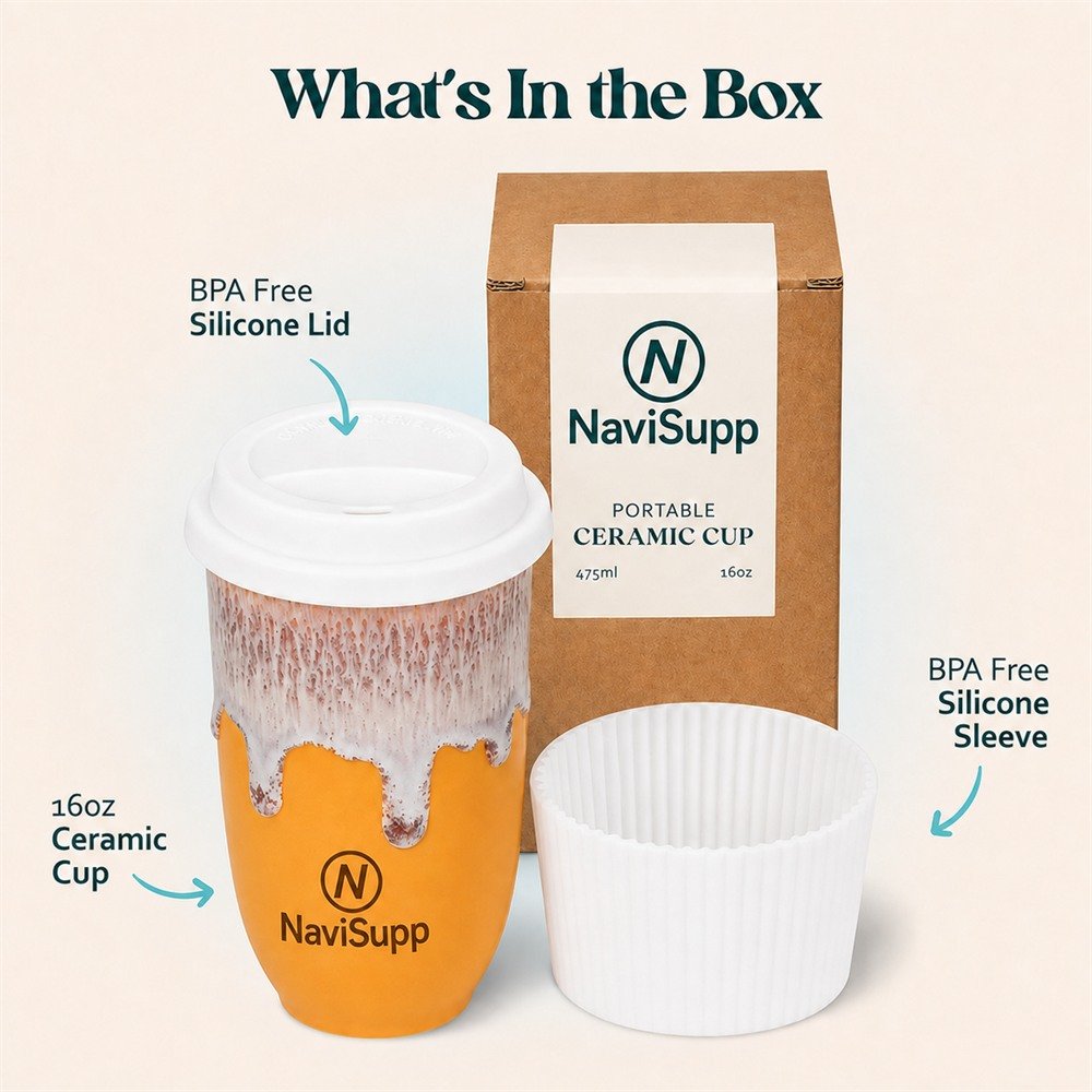 NaviSupp Citrus Orange ceramic travel cup with lid, sleeve and packaging