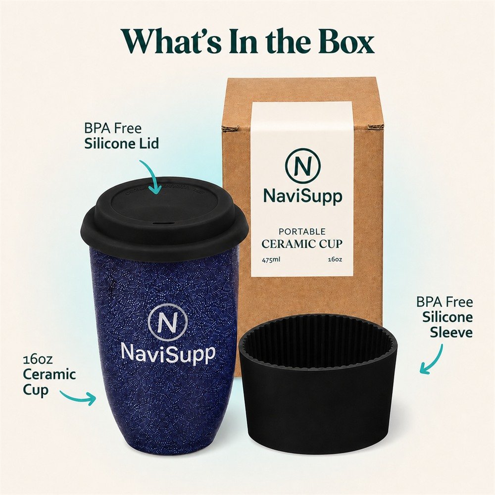 NaviSupp Midnight Blue ceramic travel cup with lid, sleeve and packaging