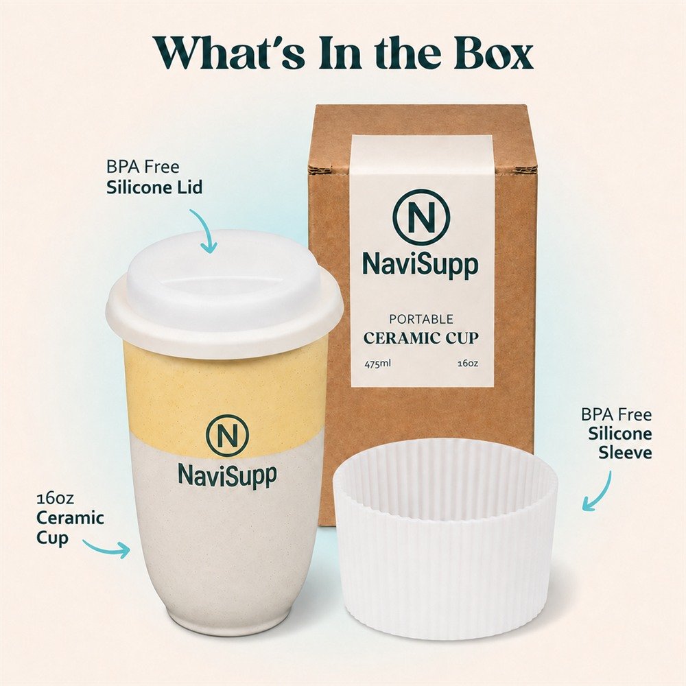 NaviSupp Sunlit Yellow ceramic travel cup with lid, sleeve and packaging
